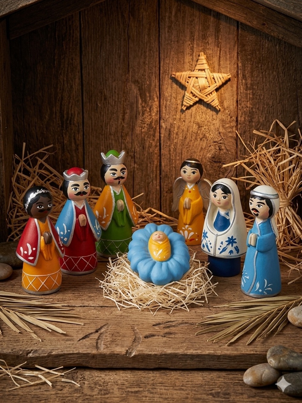 Hand-Painted Wooden Nativity Set - Multicolor